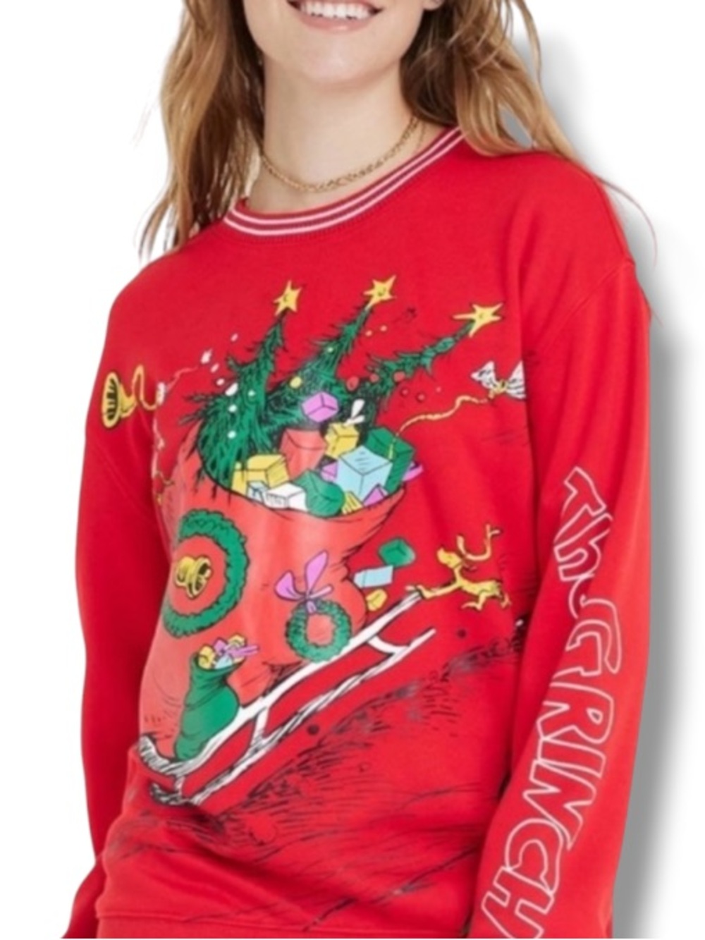 The Grinch Women’s Red Graphic Sweatshirt Holiday Christmas Whoville Sweater